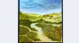 a painting of a river running through a green field