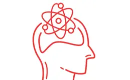 a red line drawing of a head with a atom in the middle