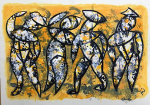 Abstract painting of four figures on a yellow background.