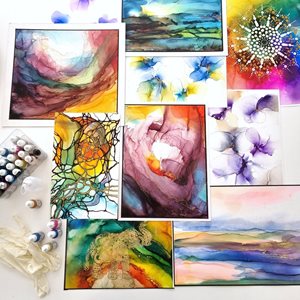 Collection of alcohol ink artworks.