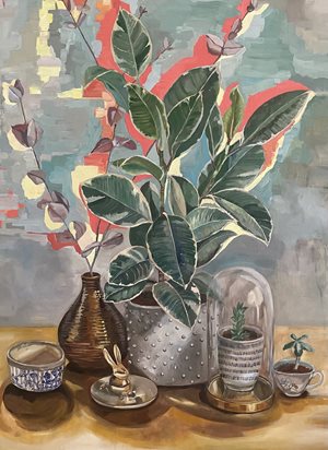 Still life painting of a pot plant.