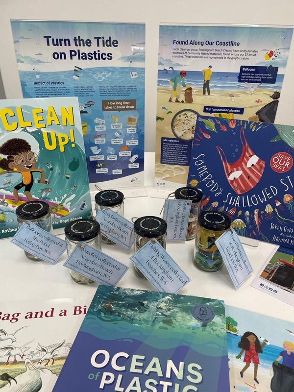 Plastic Free Education Kit shown as display with loanable materials Plastic Free Education Kit shown displayed with all loanable materials