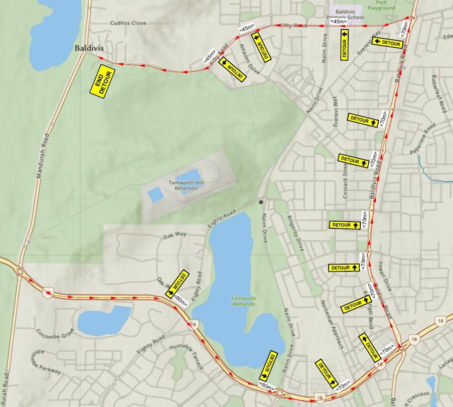 Map showing detour along Safety Bay Road, then Baldivis Road, then Fifty Road.