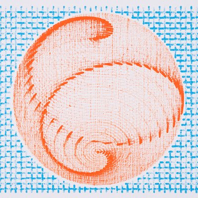 Orange circular shape on a blue textured background created using Rhizograph.