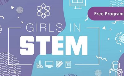 Girls in STEM logo on purple and light blue background